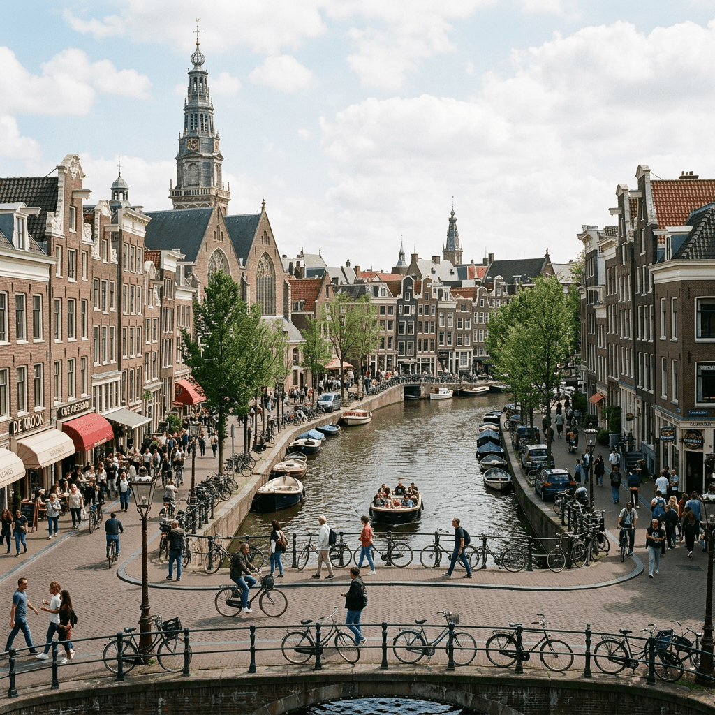 Canal in Amsterdam with boats on water, people walking and cycling along the banks, historic buildings lining the street